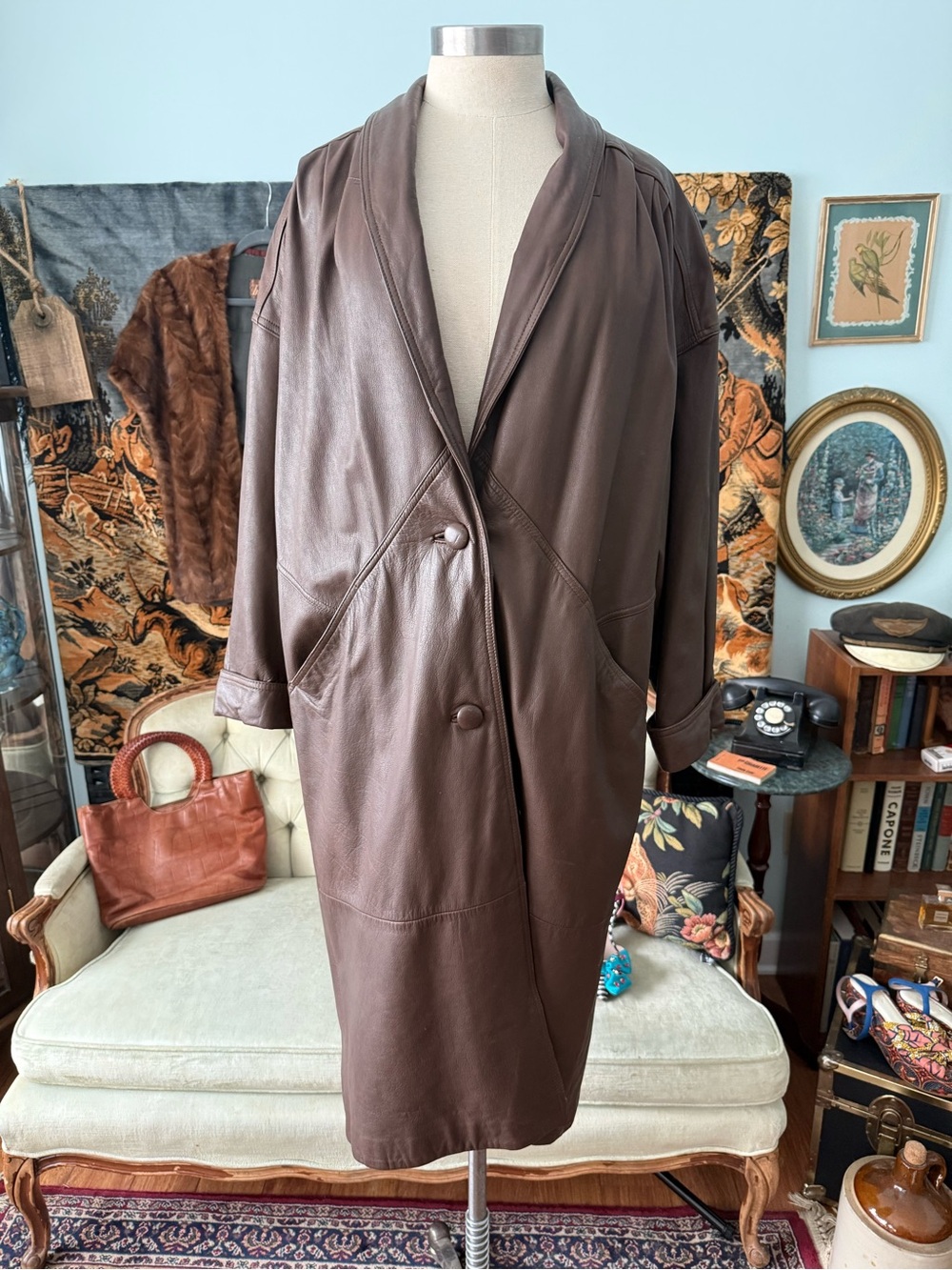 🤎 Vintage Jacqueline Ferrar Brown Genuine Leather Oversized Long Coat Jacket L/P
